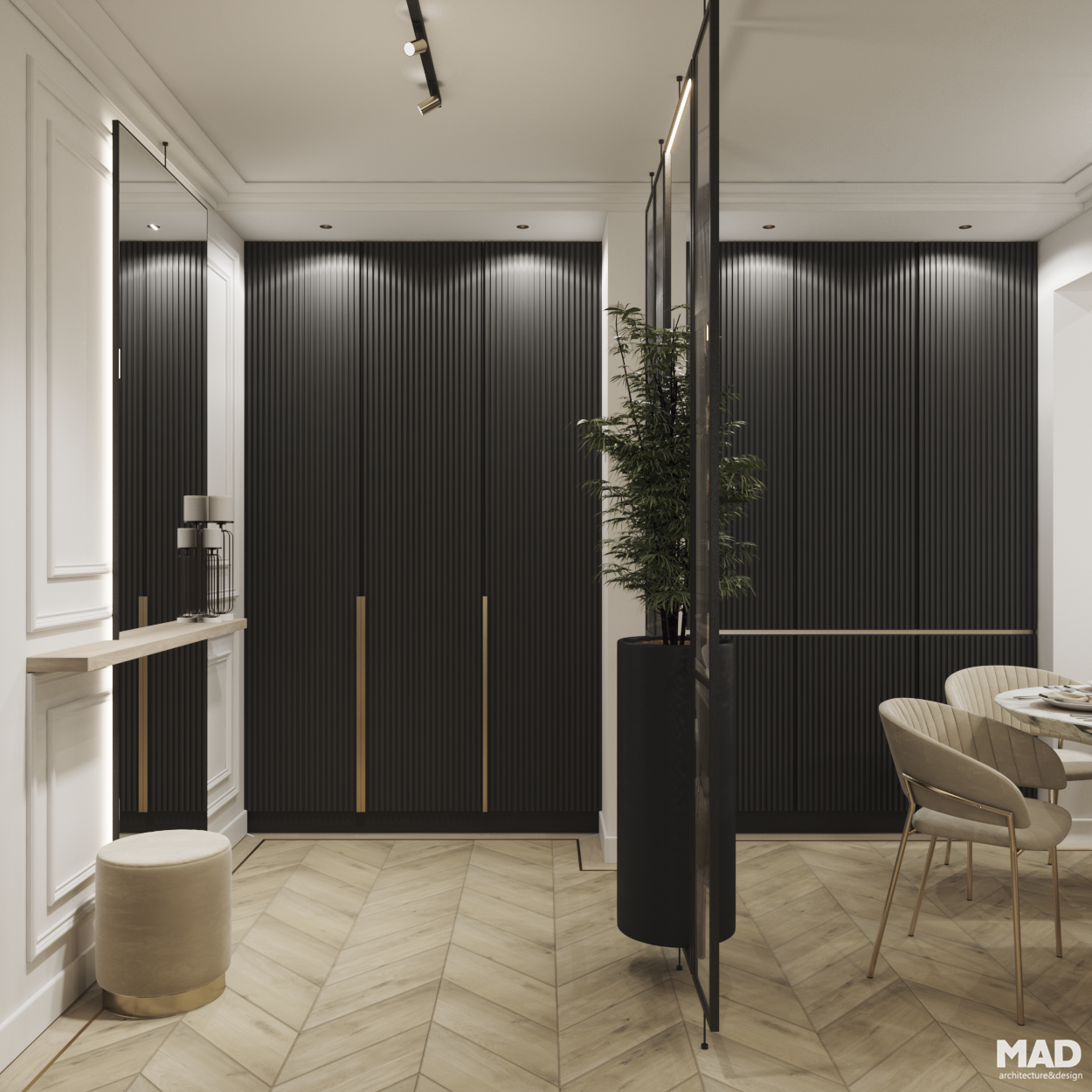 Panou decorativ din metal negru și sticlă canelată cu plantă naturală integrată, folosit ca delimitare între hol și dining, proiect MAD architecture&design.